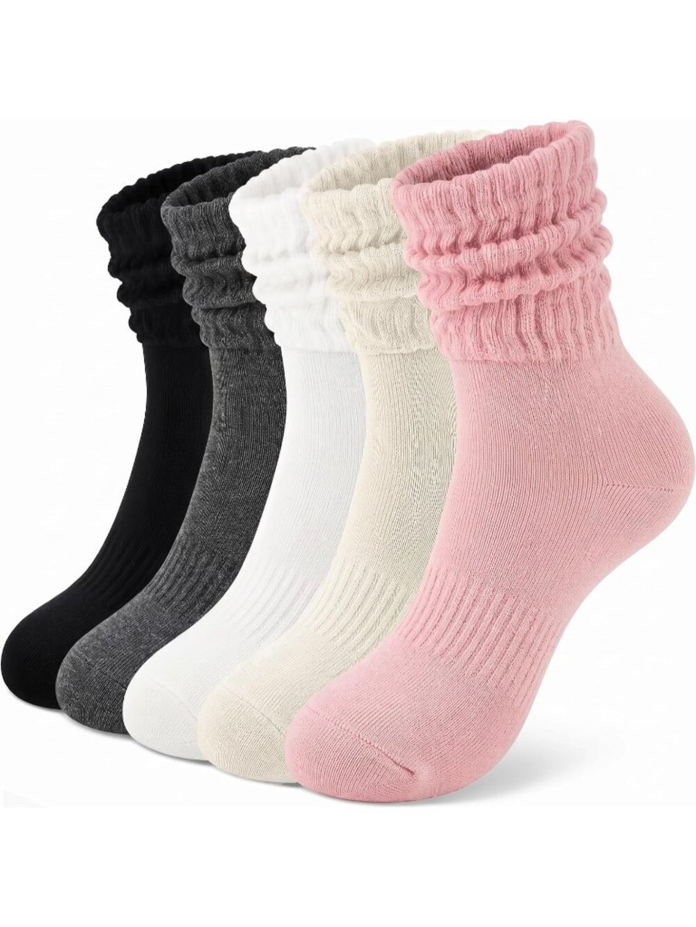 🧦Women's Pink White 5 Pair Slouchy Socks Slouch Cotton Crew Scrunch Socks